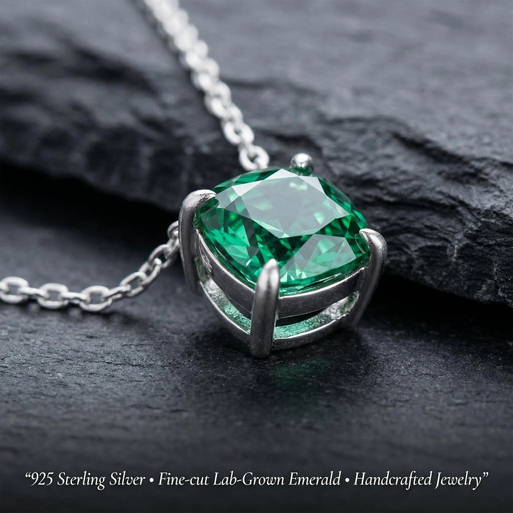 Evergreen Dew Cushion-Cut Lab-Grown Emerald Pendant Necklace in Sterling Silver
