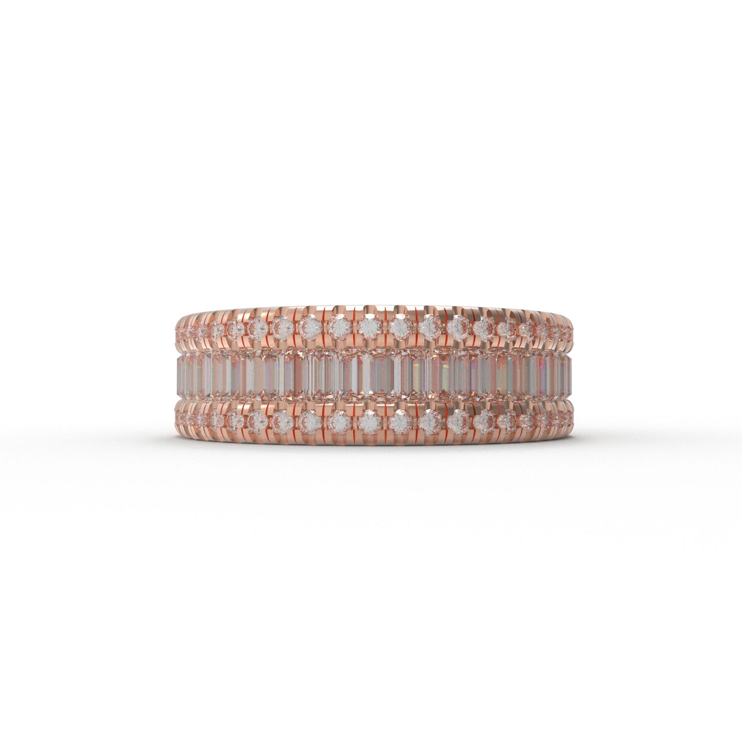 14K Rose Gold Plated Eternity Ring – 96 Round & 45 Baguette Moissanite – Engagement Wedding Band