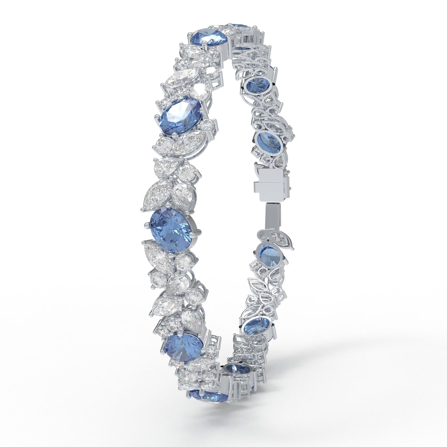 925 Sterling Silver Marquise Bracelet – 11 Lab-Created Marquise Sapphires & 33 Pear Moissanite, 10ct/12ct/15ct Total Carat, Luxury Jewelry Gift for Wife, Mother, Sister