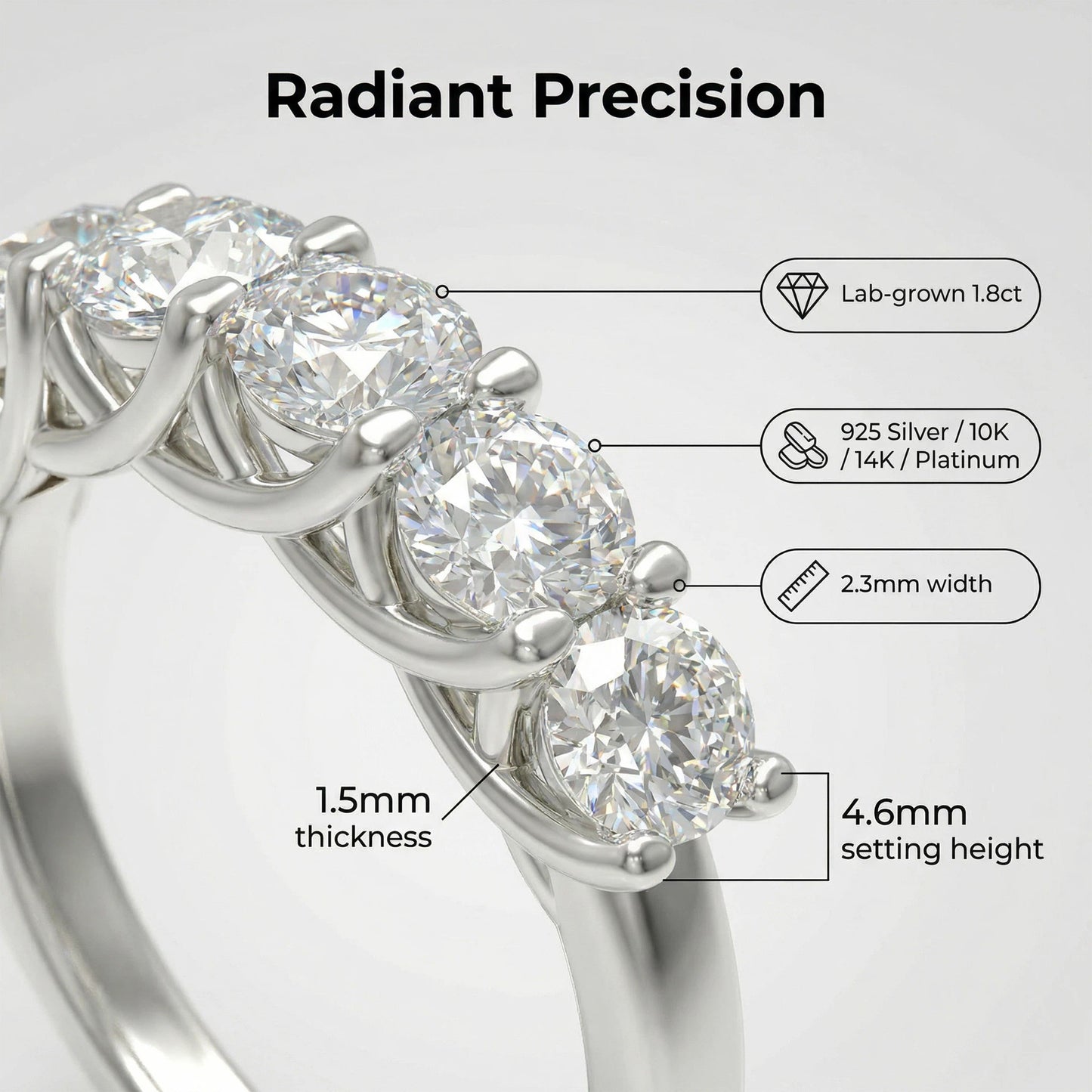 1.8ct Lab Grown Diamond Ring (6-Piece, VVS1-VVS2 D-E Color) in 10K/14K/White Gold or 950 Platinum, Proposal, Wedding & Anniversary Ring for Women