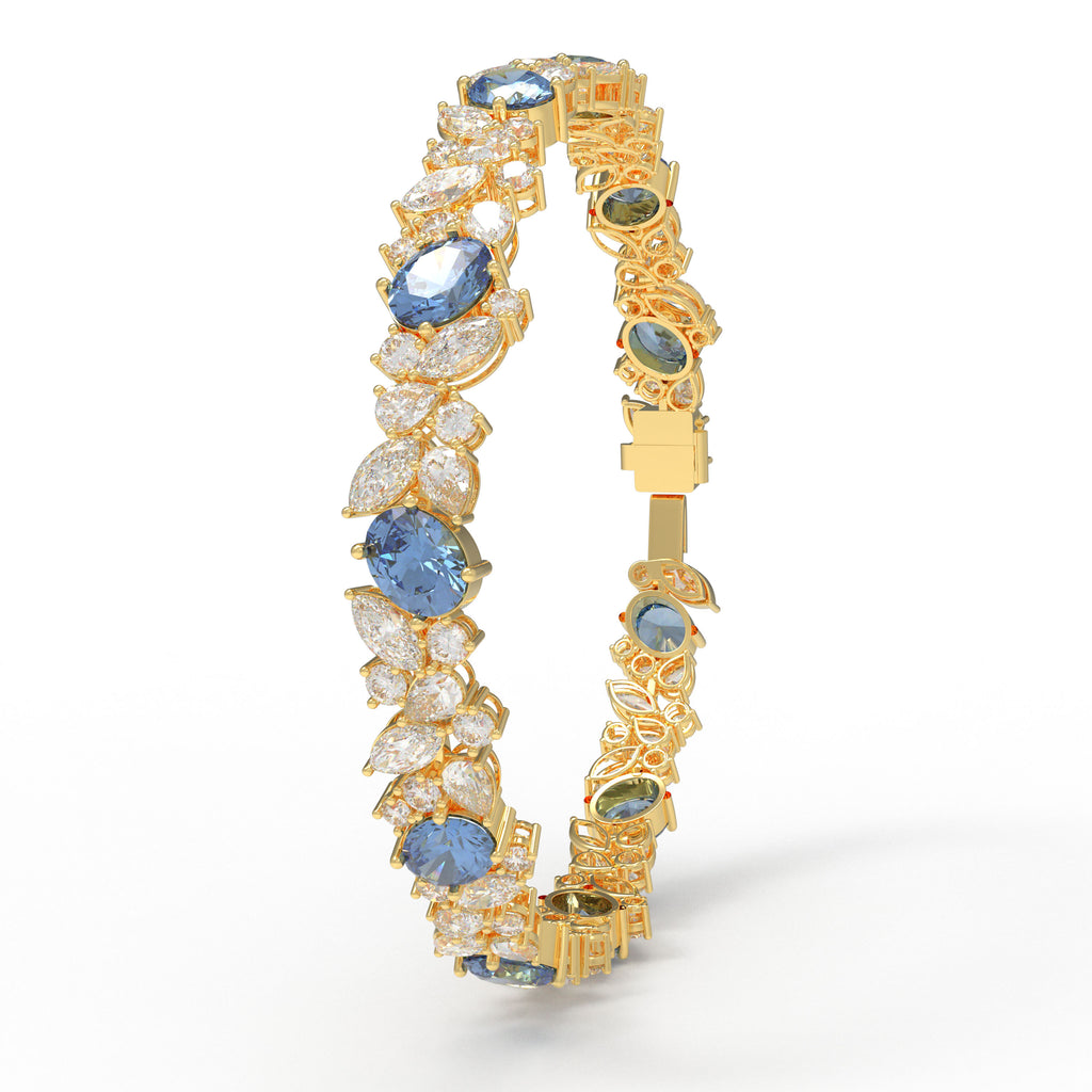 ELVORIQUE Marquise Blue Sapphire & Moissanite Bracelet in Yellow Gold