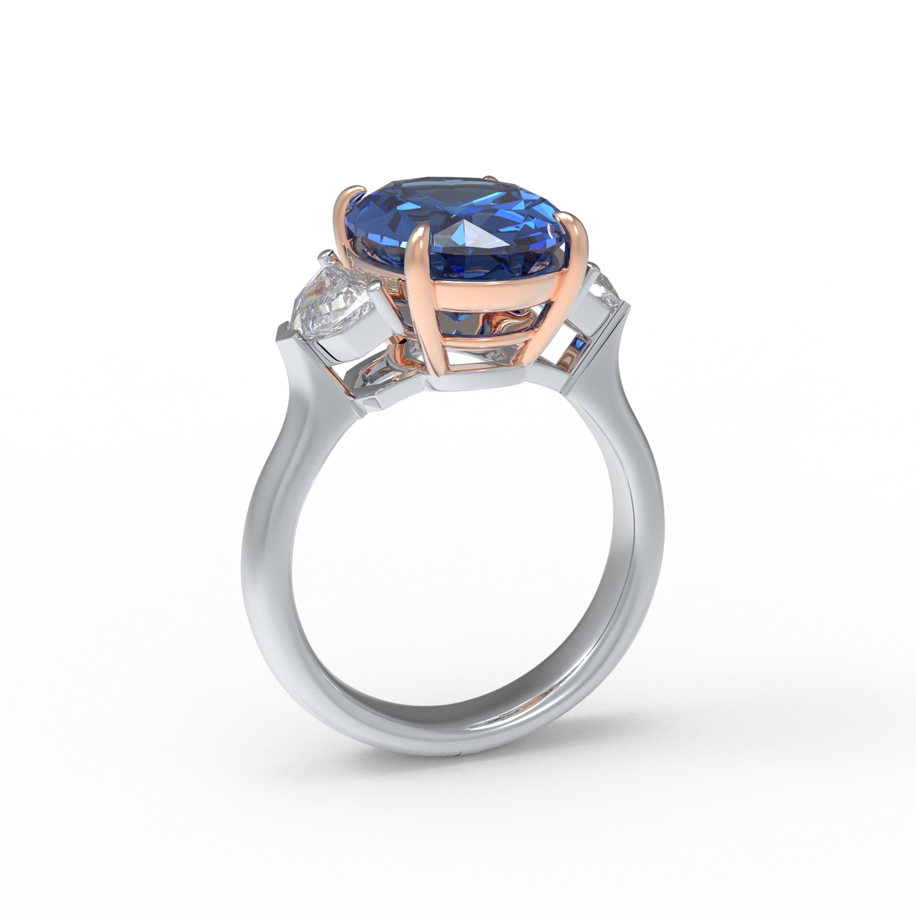 Oval Lab-Grown Blue Diamond Three-Stone Engagement Ring in White Gold