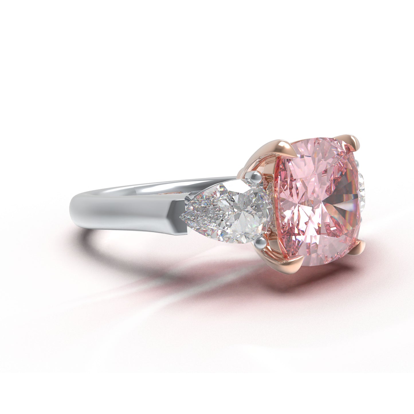 2ct Lab-Grown Pink Cushion Cut Diamond Engagement Ring, 0.8ct Labgrown Pear diamond Side Stones (0.4ct/ea VVS1-VVS2, D-E color) , 10K/14K/18K White Gold or Platinum with Rose Gold Prongs, Wedding & Anniversary Ring