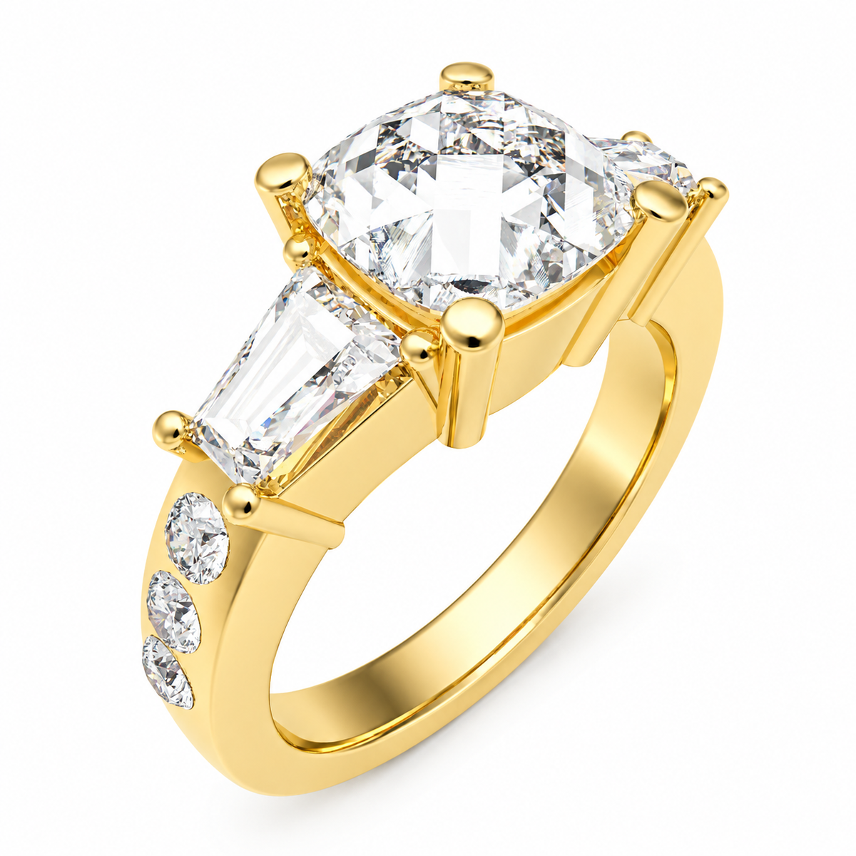 Eternal Radiance Cushion-Cut Lab-Grown Diamond Three-Stone Engagement Ring in Yellow Gold | ELVORIQUE