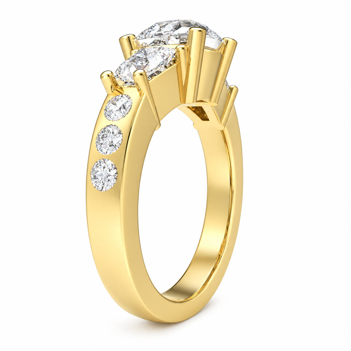 Eternal Radiance Cushion-Cut Lab-Grown Diamond Three-Stone Engagement Ring in Yellow Gold | ELVORIQUE