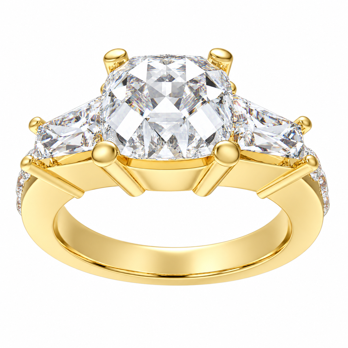 Eternal Radiance Cushion-Cut Lab-Grown Diamond Three-Stone Engagement Ring in Yellow Gold | ELVORIQUE
