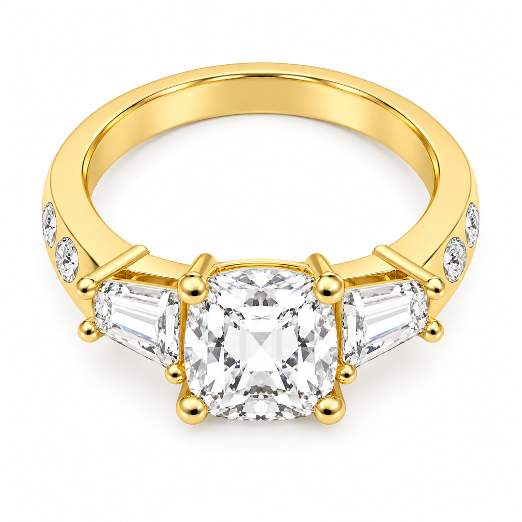 Eternal Radiance Cushion-Cut Lab-Grown Diamond Three-Stone Engagement Ring in Yellow Gold | ELVORIQUE