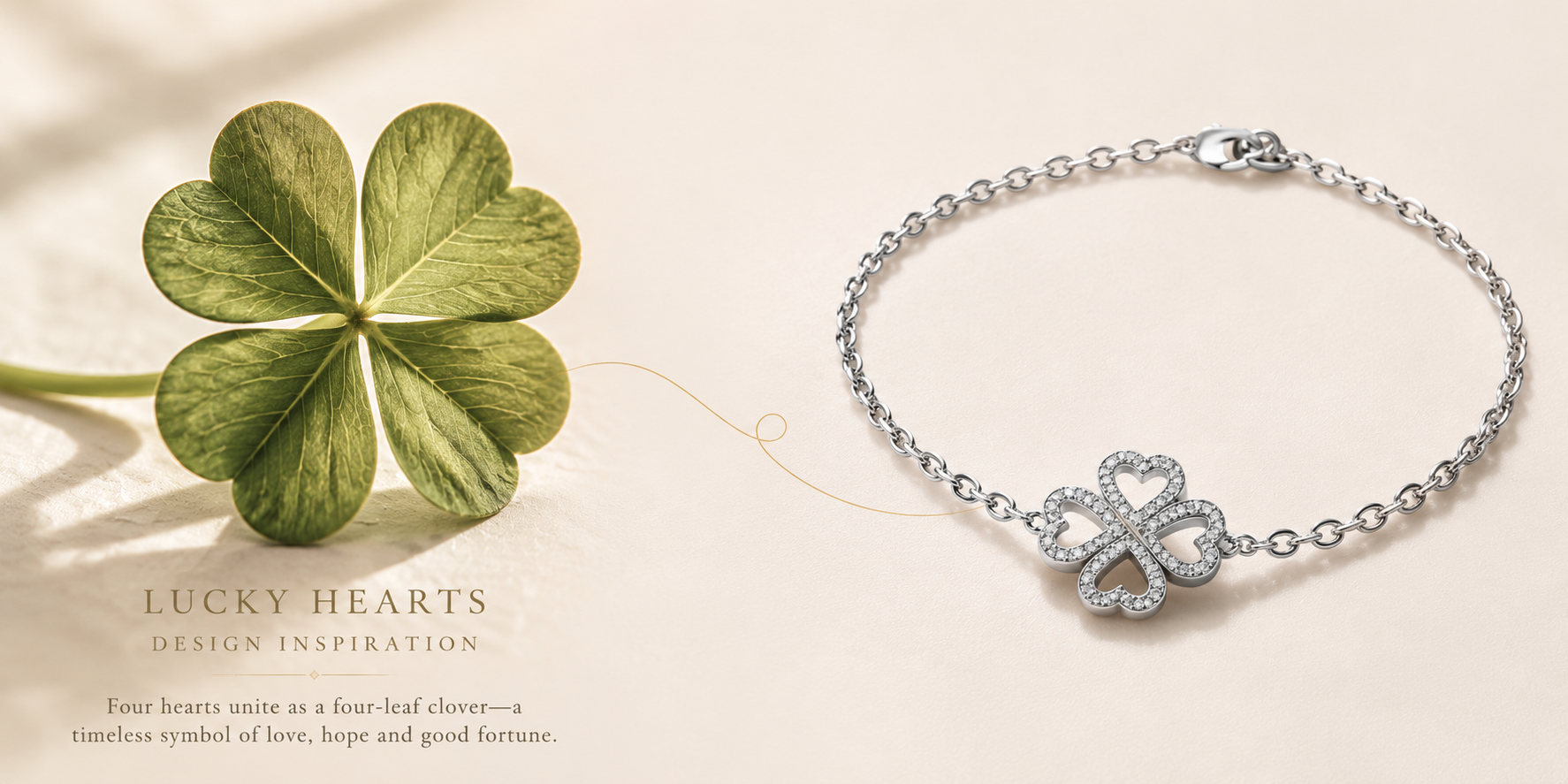 Lucky Hearts Four-Leaf Clover Moissanite Bracelet in Sterling Silver