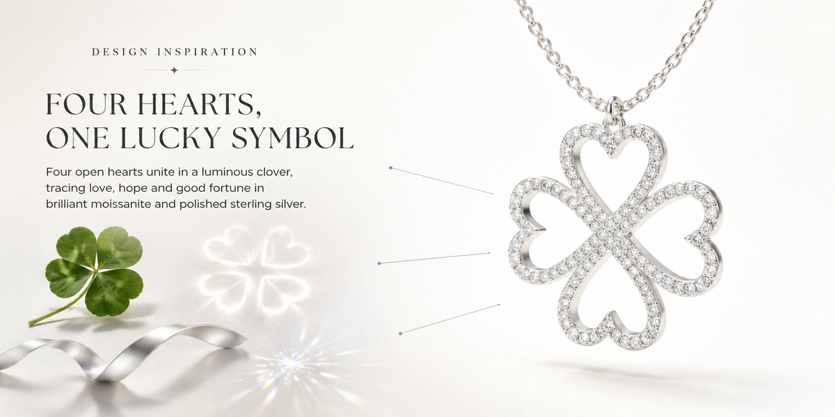 925 Sterling Silver 0.50 CTW Moissanite Heart Clover Pendant Necklace