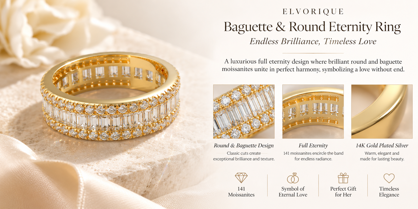 ELVORIQUE 141-Stone Round & Baguette Moissanite Eternity Ring