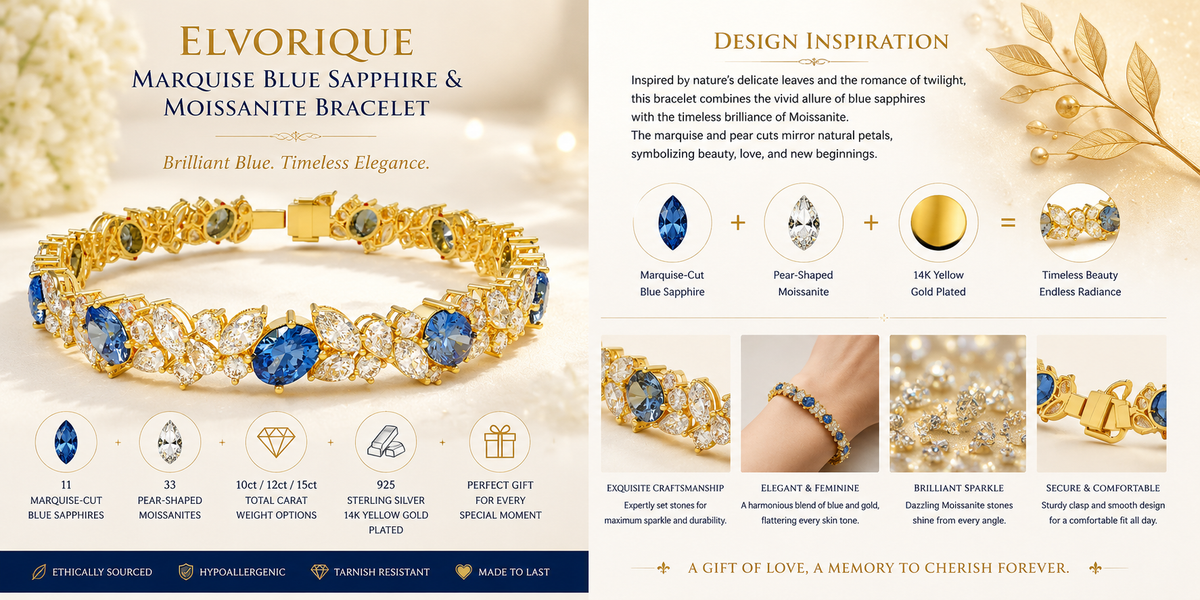 ELVORIQUE Marquise Blue Sapphire & Moissanite Bracelet in Yellow Gold