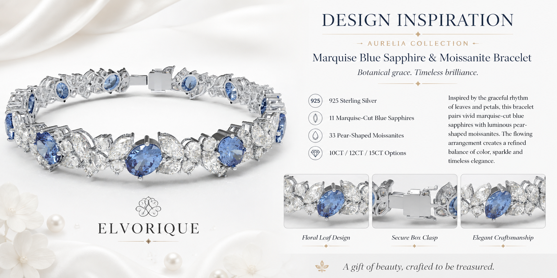 ELVORIQUE Marquise Blue Sapphire & Moissanite Bracelet in Sterling Silver