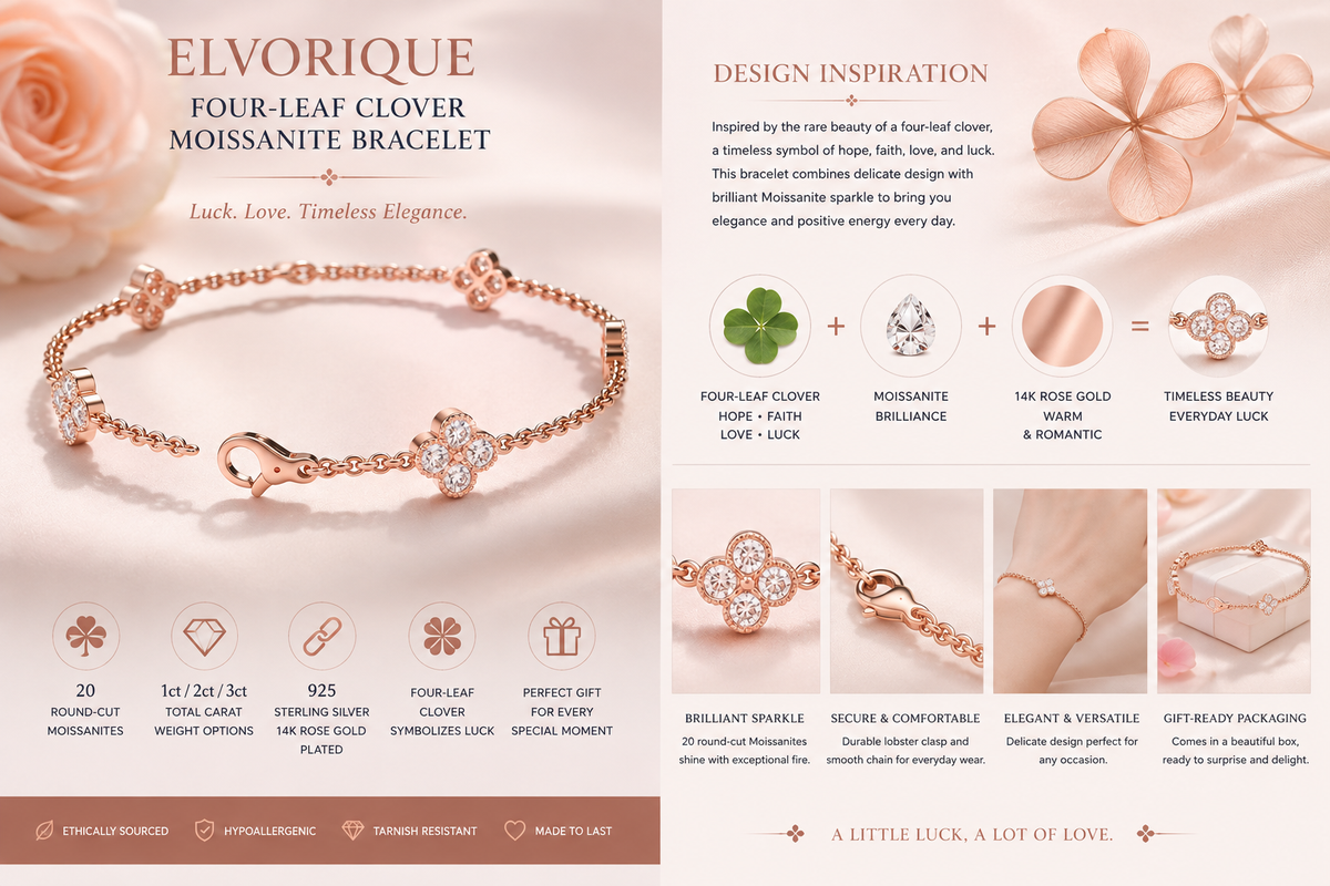 ELVORIQUE Four-Leaf Clover Moissanite Bracelet in Rose Gold