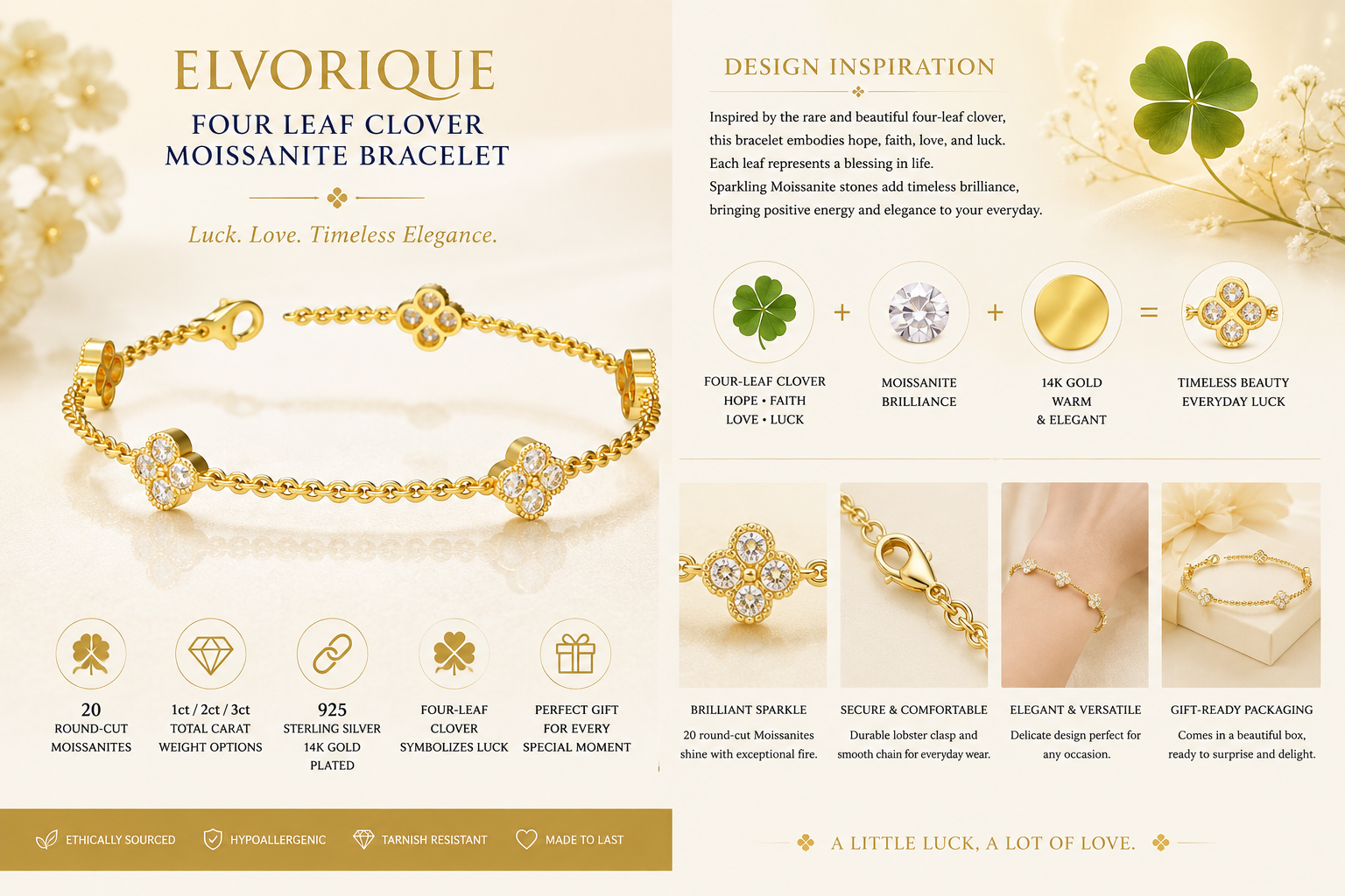 ELVORIQUE Four-Leaf Clover Moissanite Bracelet in 14K Gold Plated Sterling Silver