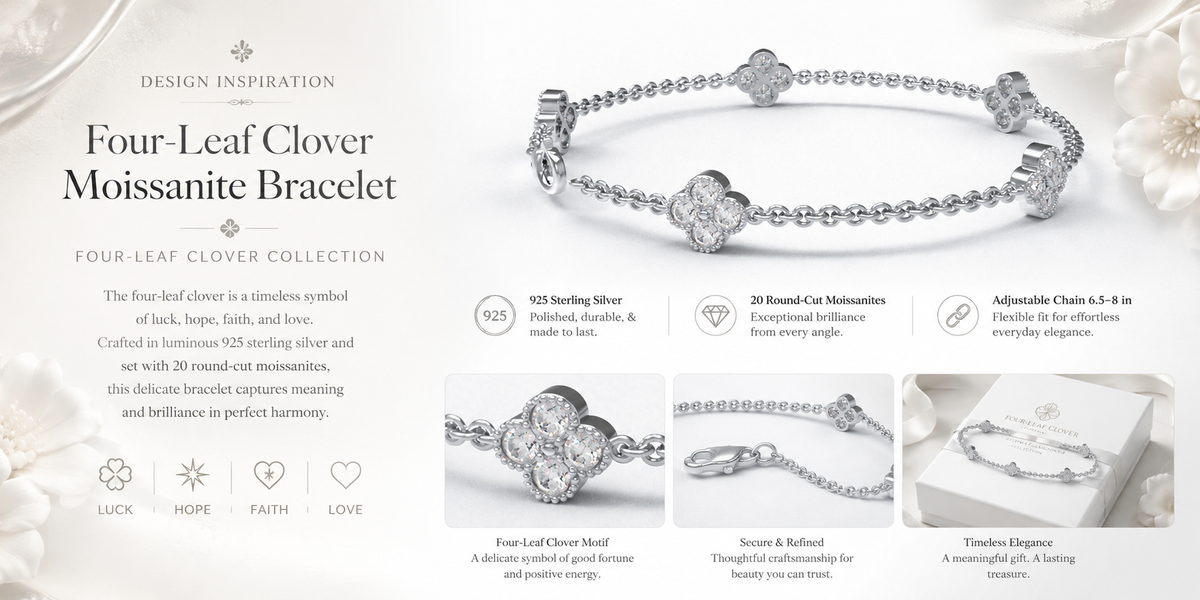 ELVORIQUE Four-Leaf Clover Moissanite Bracelet in 925 Sterling Silver