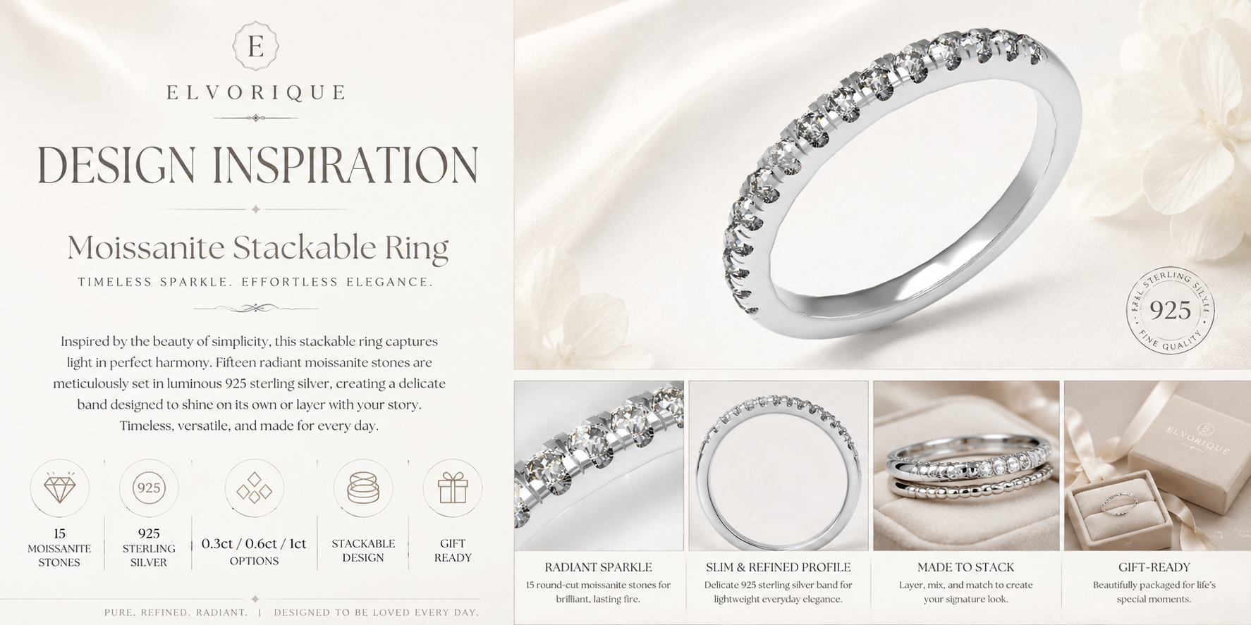 ELVORIQUE 15-Stone Moissanite Stackable Ring in 925 Sterling Silver