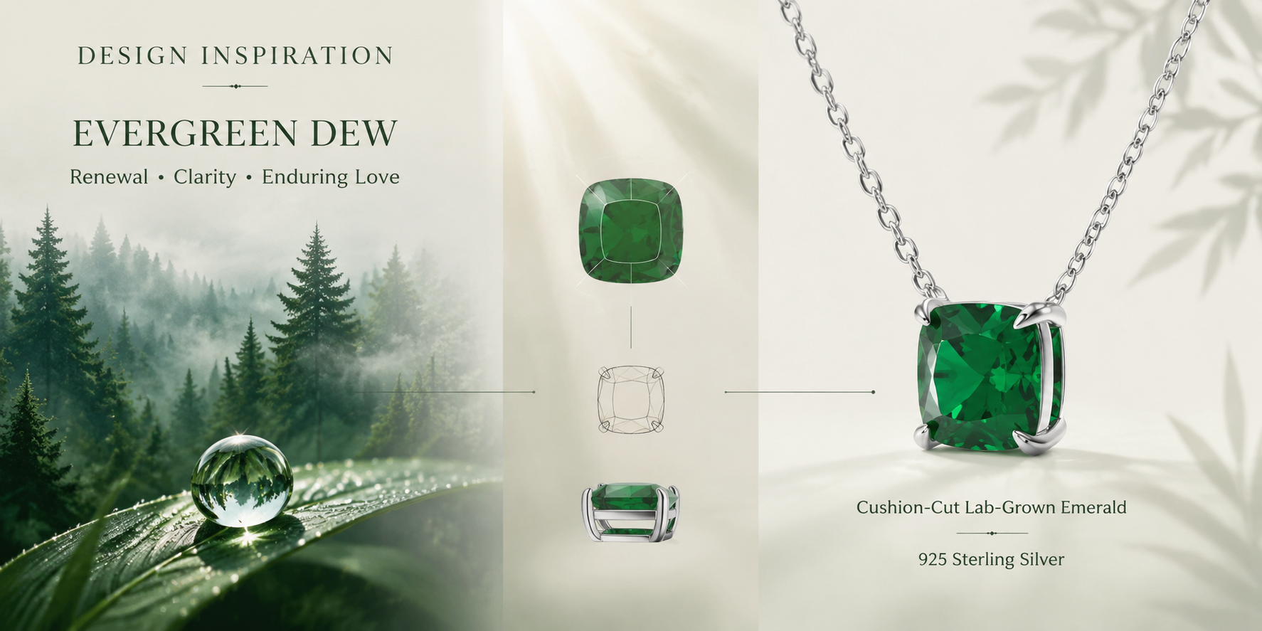 Evergreen Dew Cushion-Cut Lab-Grown Emerald Pendant Necklace in Sterling Silver
