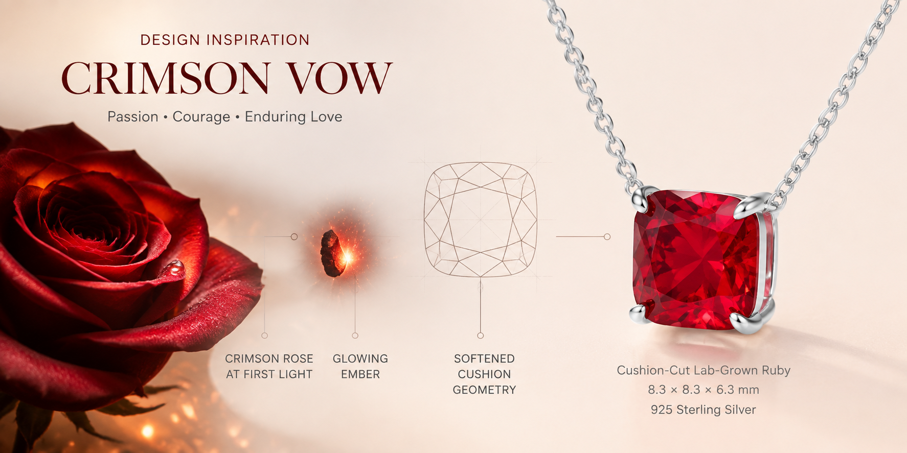 Crimson Vow Cushion-Cut Lab-Grown Ruby Pendant Necklace in Sterling Silver