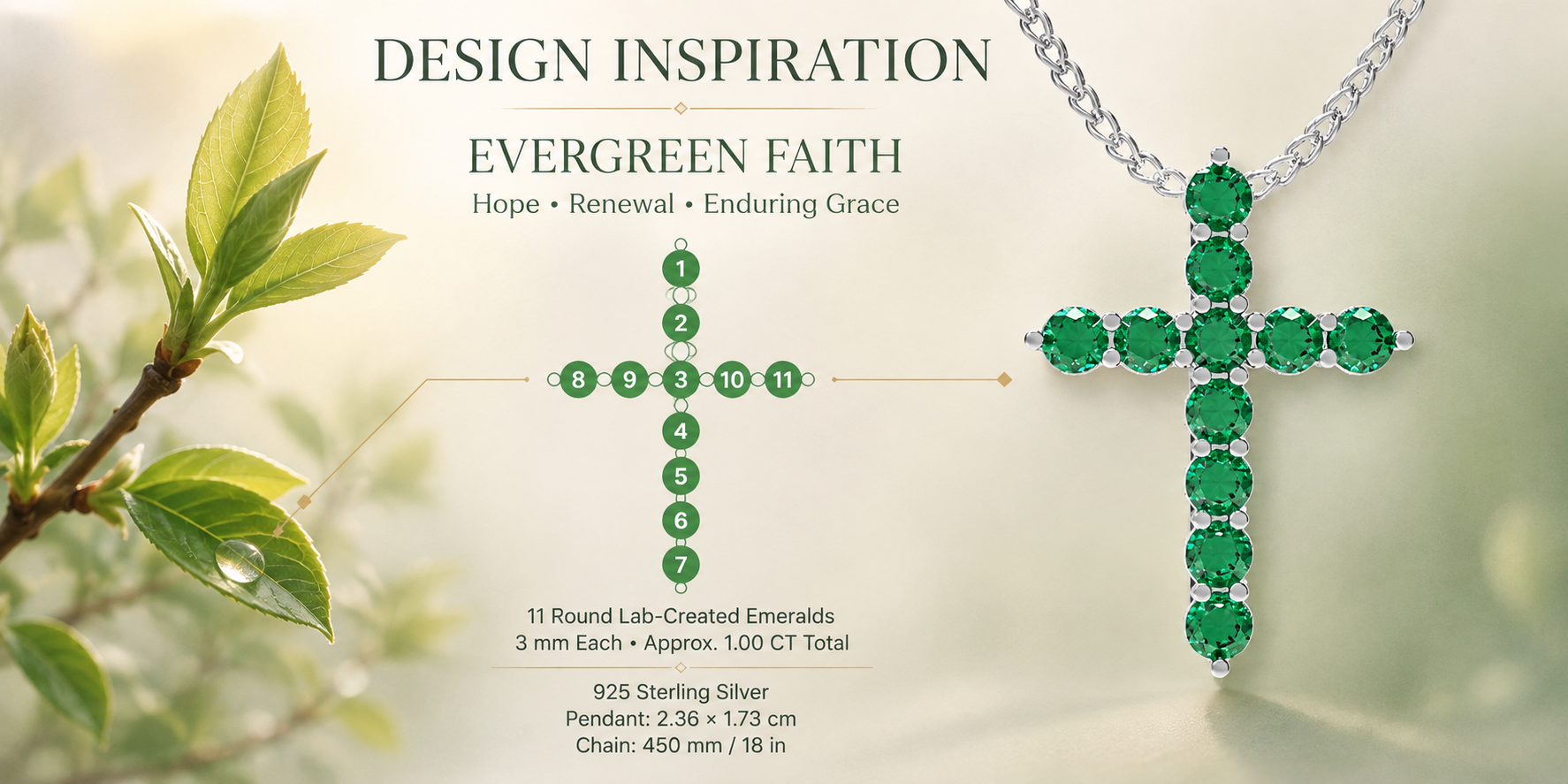 Evergreen Faith 1 CT Lab-Created Emerald Cross Pendant Necklace in Sterling Silver