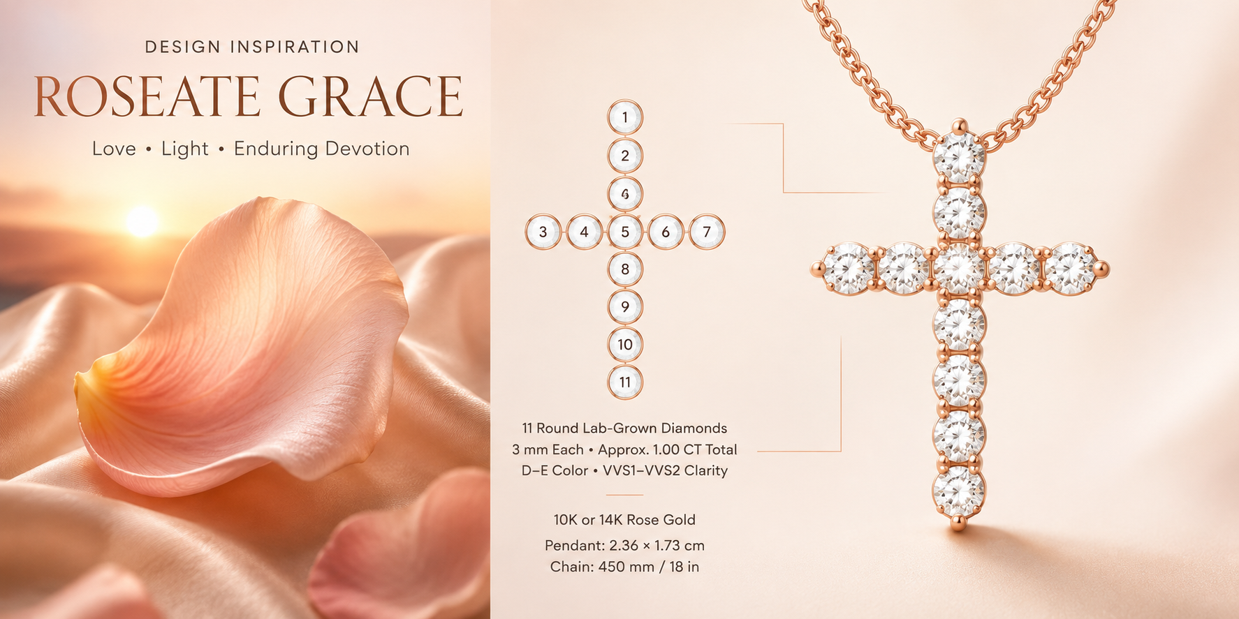 Roseate Grace 1 CT Lab-Grown Diamond Cross Necklace in 10K or 14K Rose Gold