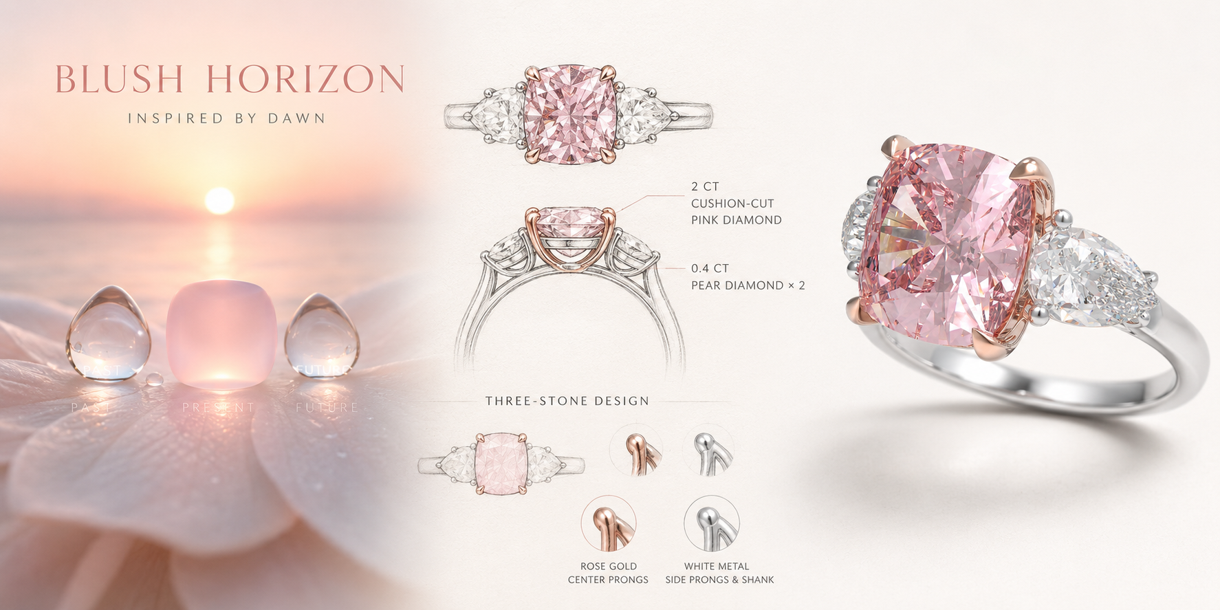 Blush Horizon 2.80CT Lab-Grown Pink Diamond Three-Stone Engagement Ring
