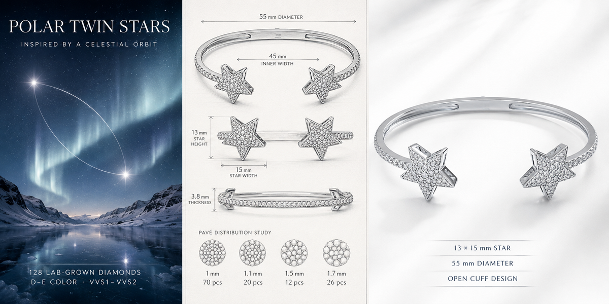 Polar Twin Stars 128-Diamond Open Cuff Bracelet in White Gold or Platinum