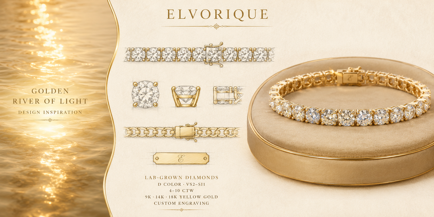 Bracelet tennis Ophelia Eternity en or jaune 9 carats/14 carats/18 carats, 4 griffes, diamants de synthèse, D-VS2/SI1 - Gratuit 