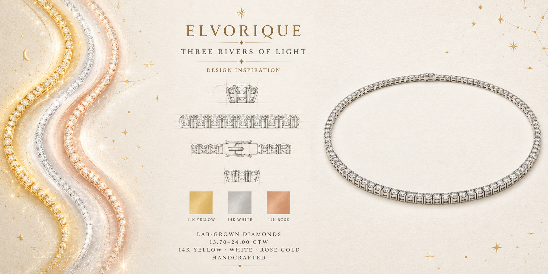 Collier tennis classique en diamants de laboratoire – Personnalisable en or 14 carats ou en platine | Poids total des diamants : 13,7 à 24 ct