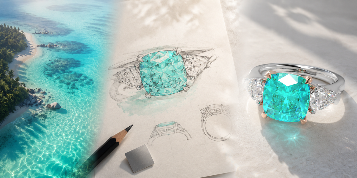 Handmade Three - Stone Ring with Lab - Grown Paraiba Diamond (2.8CT/4CT) & Lab - Grown Diamond Accents, 9K/14K/18K White Gold & Platinum Optional