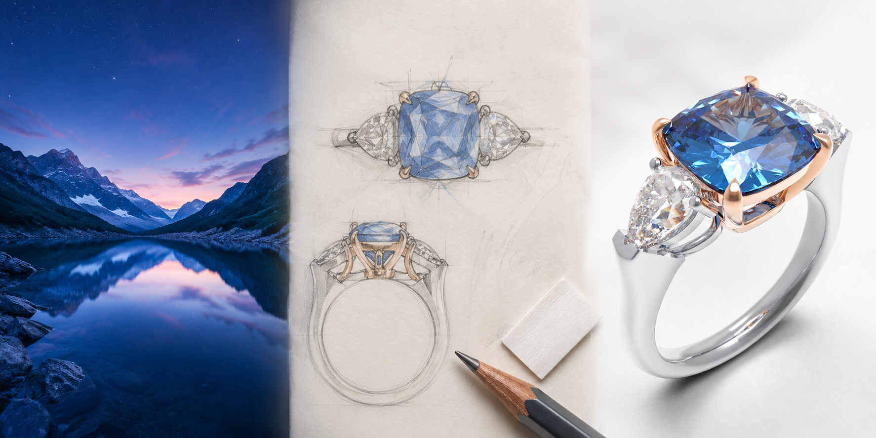 Handmade Lab-Grown Sapphire Three-Stone Engagement Ring – 2.8CT/4CT