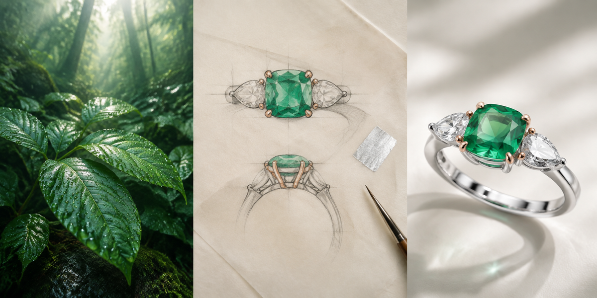 Handmade Lab-Grown Emerald Three-Stone Engagement Ring – 2.8CT/4CT