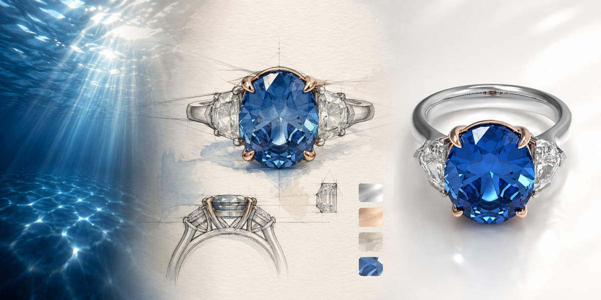 Oval Lab-Grown Blue Diamond Three-Stone Engagement Ring in White Gold