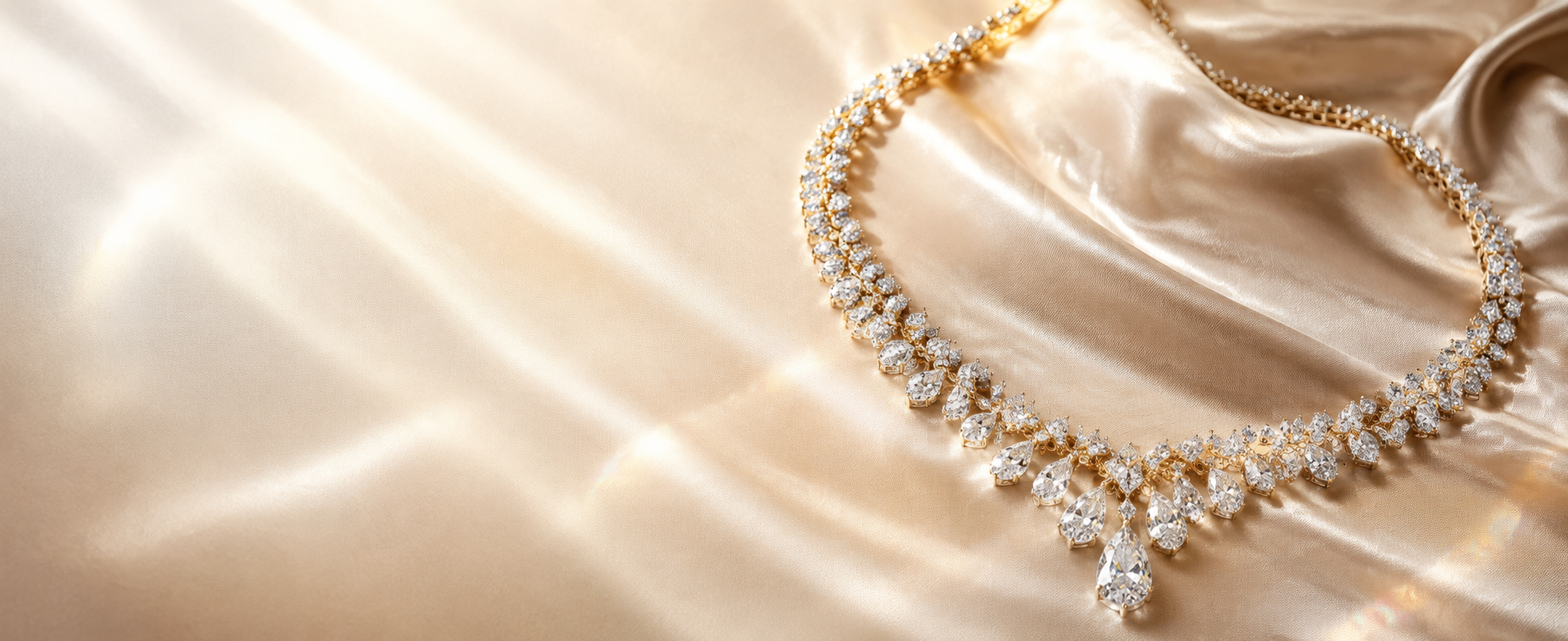 Luxury diamond necklace on ivory silk