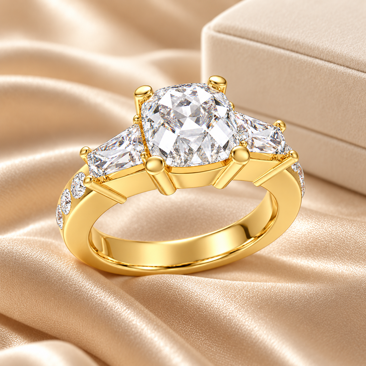 Eternal Radiance Cushion-Cut Lab-Grown Diamond Three-Stone Engagement Ring in Yellow Gold | ELVORIQUE