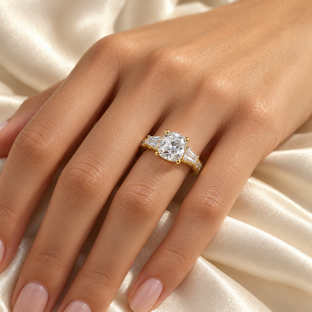 Eternal Radiance Cushion-Cut Lab-Grown Diamond Three-Stone Engagement Ring in Yellow Gold | ELVORIQUE