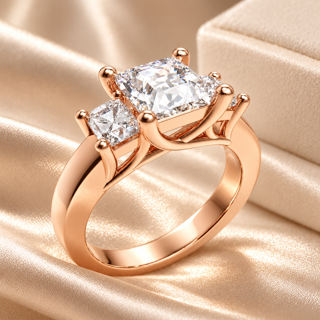 ELVORIQUE Eternal Radiance Cushion-Cut Lab-Grown Diamond Three-Stone Engagement Ring in Rose Gold