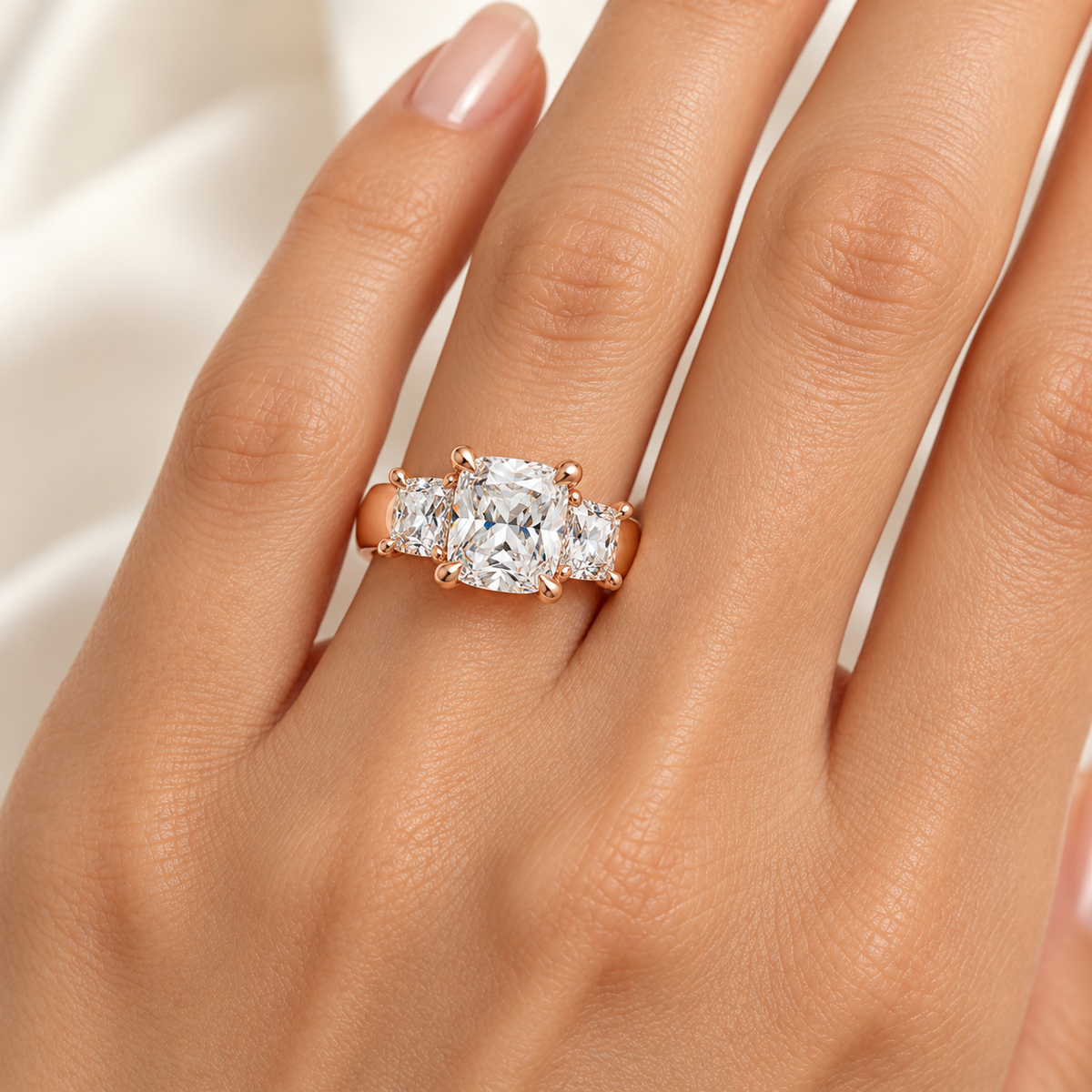ELVORIQUE Eternal Radiance Cushion-Cut Lab-Grown Diamond Three-Stone Engagement Ring in Rose Gold