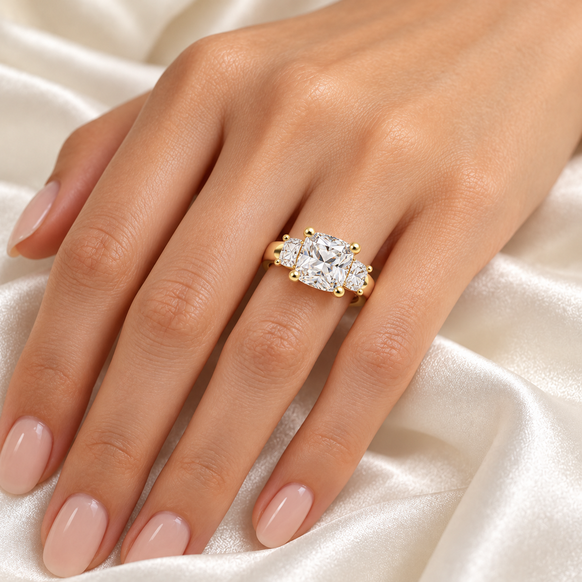 ELVORIQUE Eternal Radiance Cushion-Cut Lab-Grown Diamond Three-Stone Engagement Ring in Yellow Gold