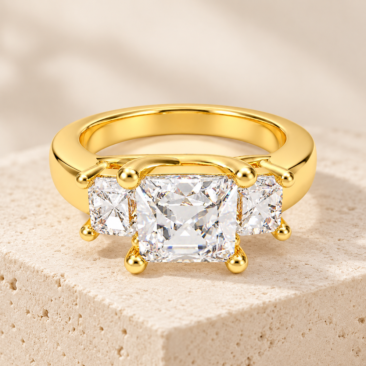 ELVORIQUE Eternal Radiance Cushion-Cut Lab-Grown Diamond Three-Stone Engagement Ring in Yellow Gold