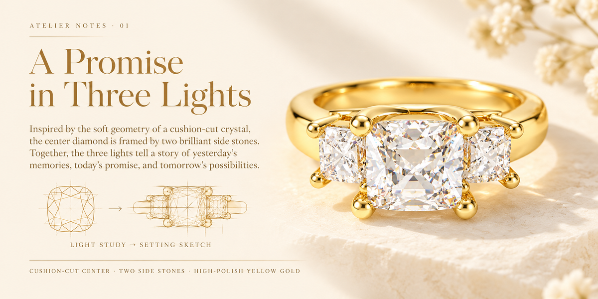 ELVORIQUE Eternal Radiance Cushion-Cut Lab-Grown Diamond Three-Stone Engagement Ring in Yellow Gold