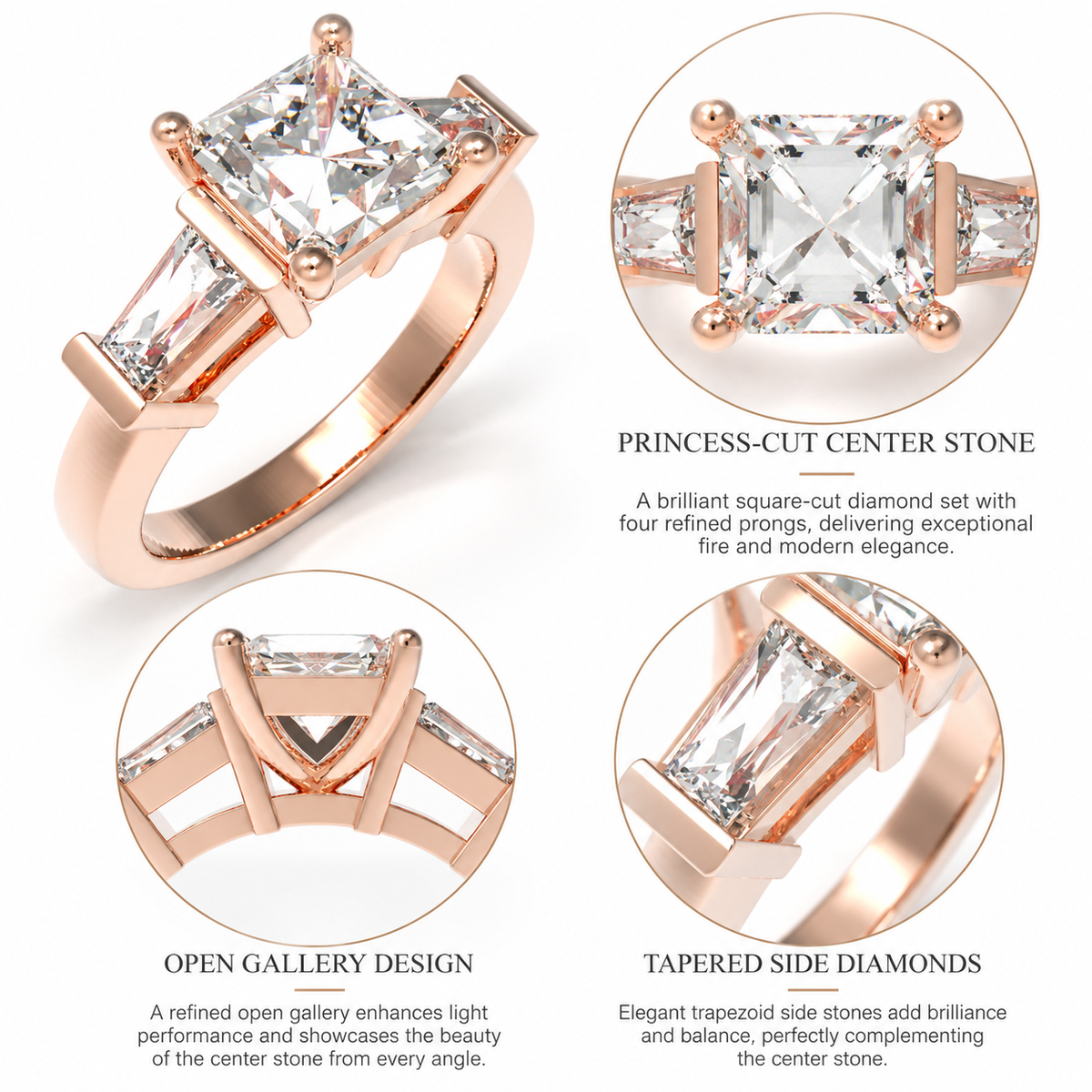 ELVORIQUE Eternal Radiance Cushion-Cut Lab-Grown Diamond Three-Stone Engagement Ring – Rose Gold