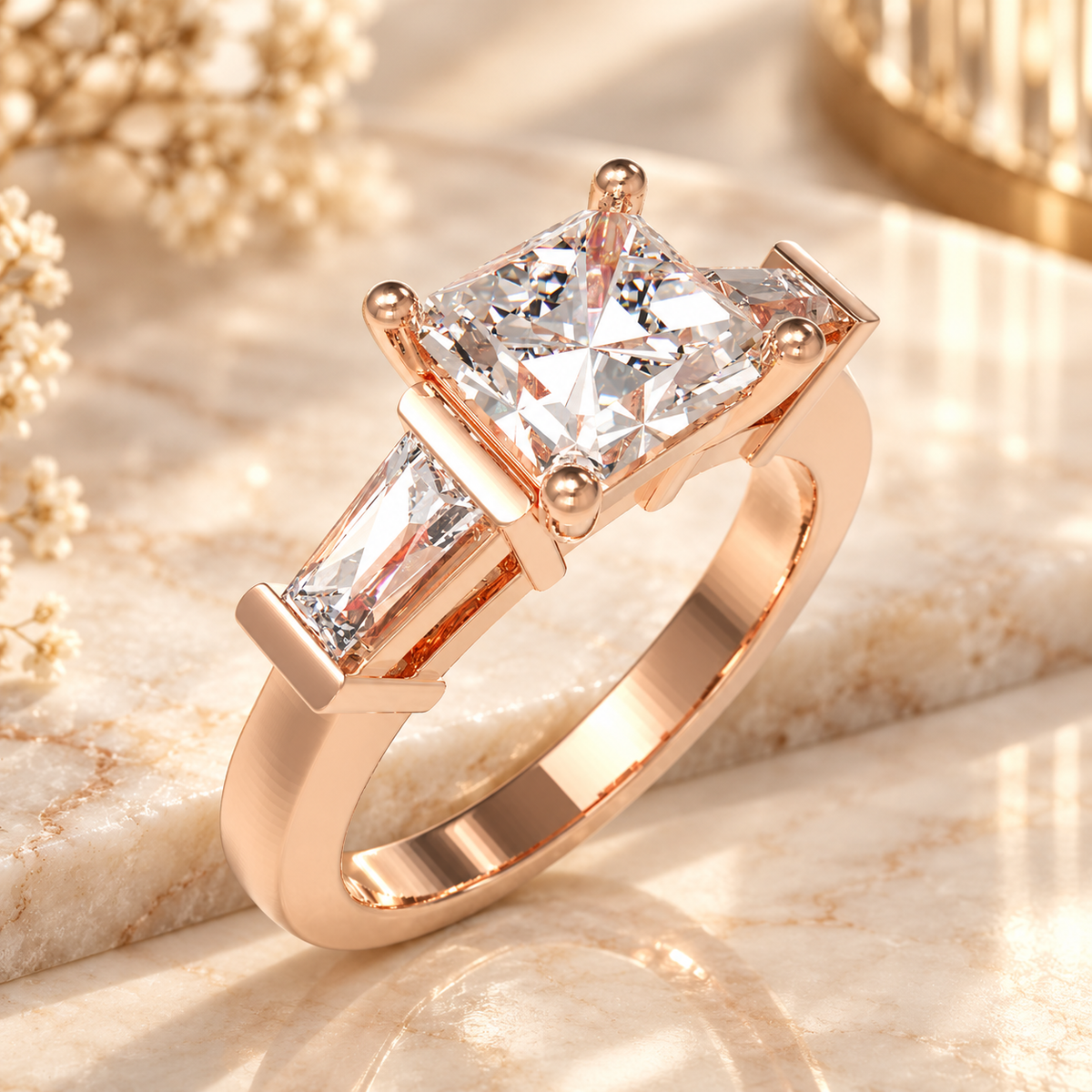 ELVORIQUE Eternal Radiance Cushion-Cut Lab-Grown Diamond Three-Stone Engagement Ring – Rose Gold