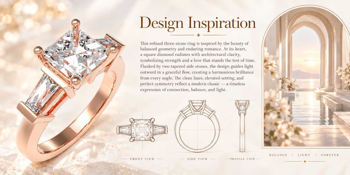 ELVORIQUE Eternal Radiance Cushion-Cut Lab-Grown Diamond Three-Stone Engagement Ring – Rose Gold