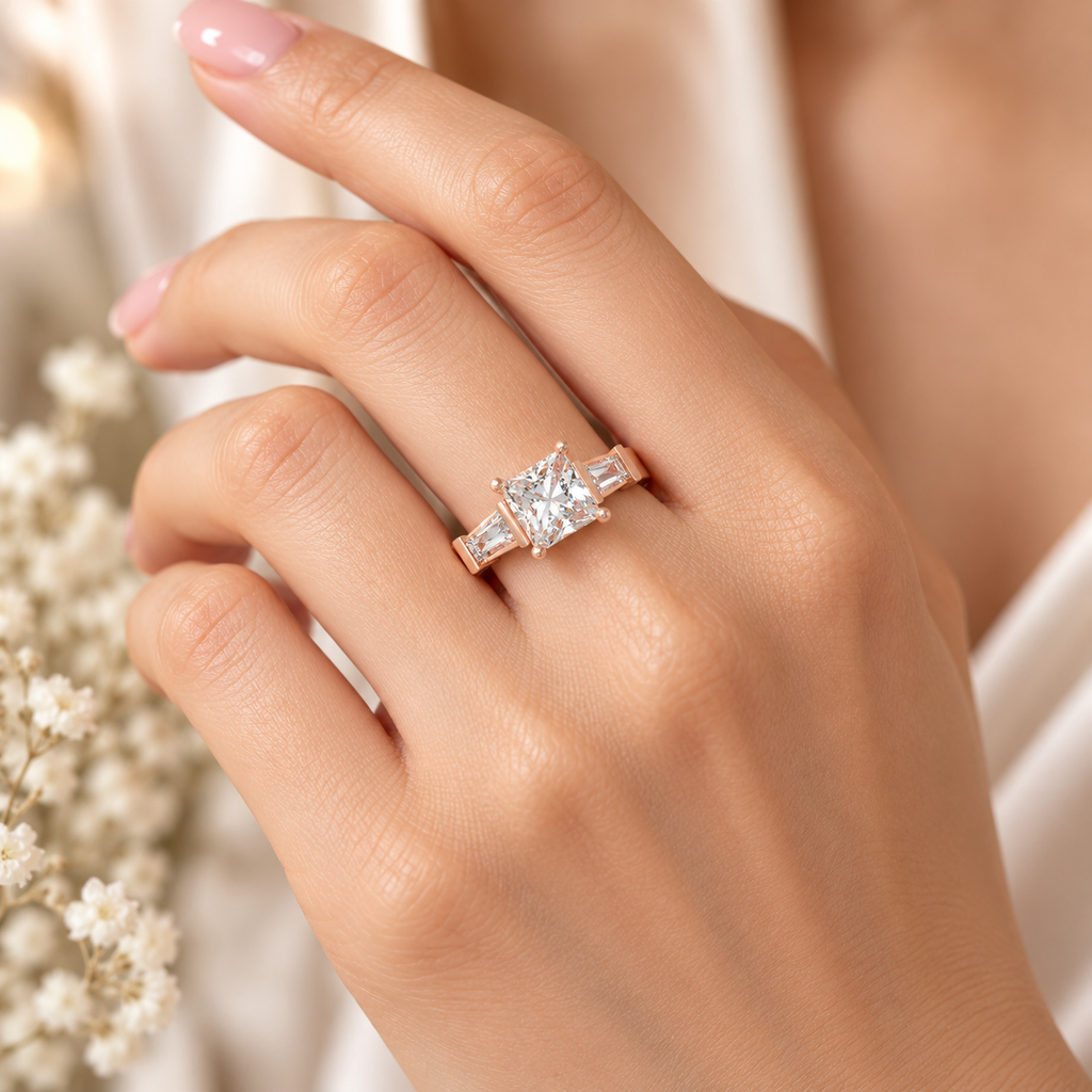 ELVORIQUE Eternal Radiance Cushion-Cut Lab-Grown Diamond Three-Stone Engagement Ring – Rose Gold