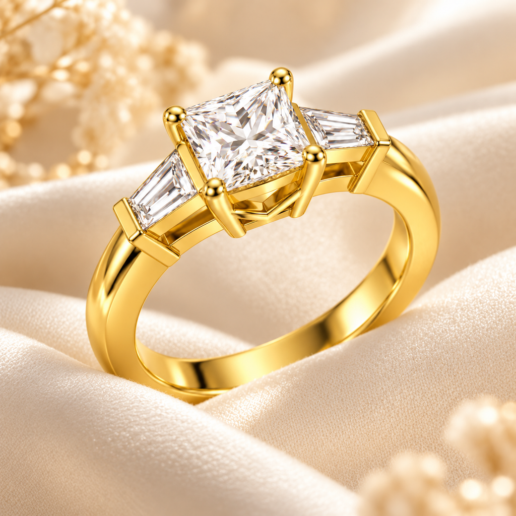 ELVORIQUE Eternal Radiance Cushion-Cut Lab-Grown Diamond Three-Stone Engagement Ring – Yellow Gold