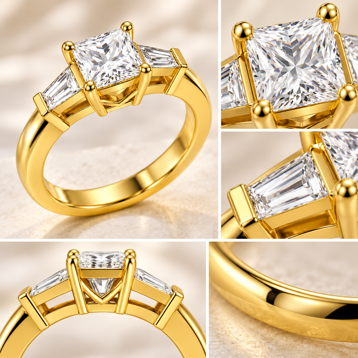 ELVORIQUE Eternal Radiance Cushion-Cut Lab-Grown Diamond Three-Stone Engagement Ring – Yellow Gold