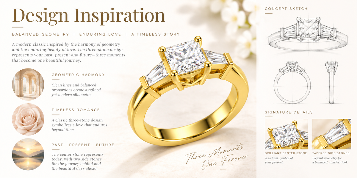 ELVORIQUE Eternal Radiance Cushion-Cut Lab-Grown Diamond Three-Stone Engagement Ring – Yellow Gold