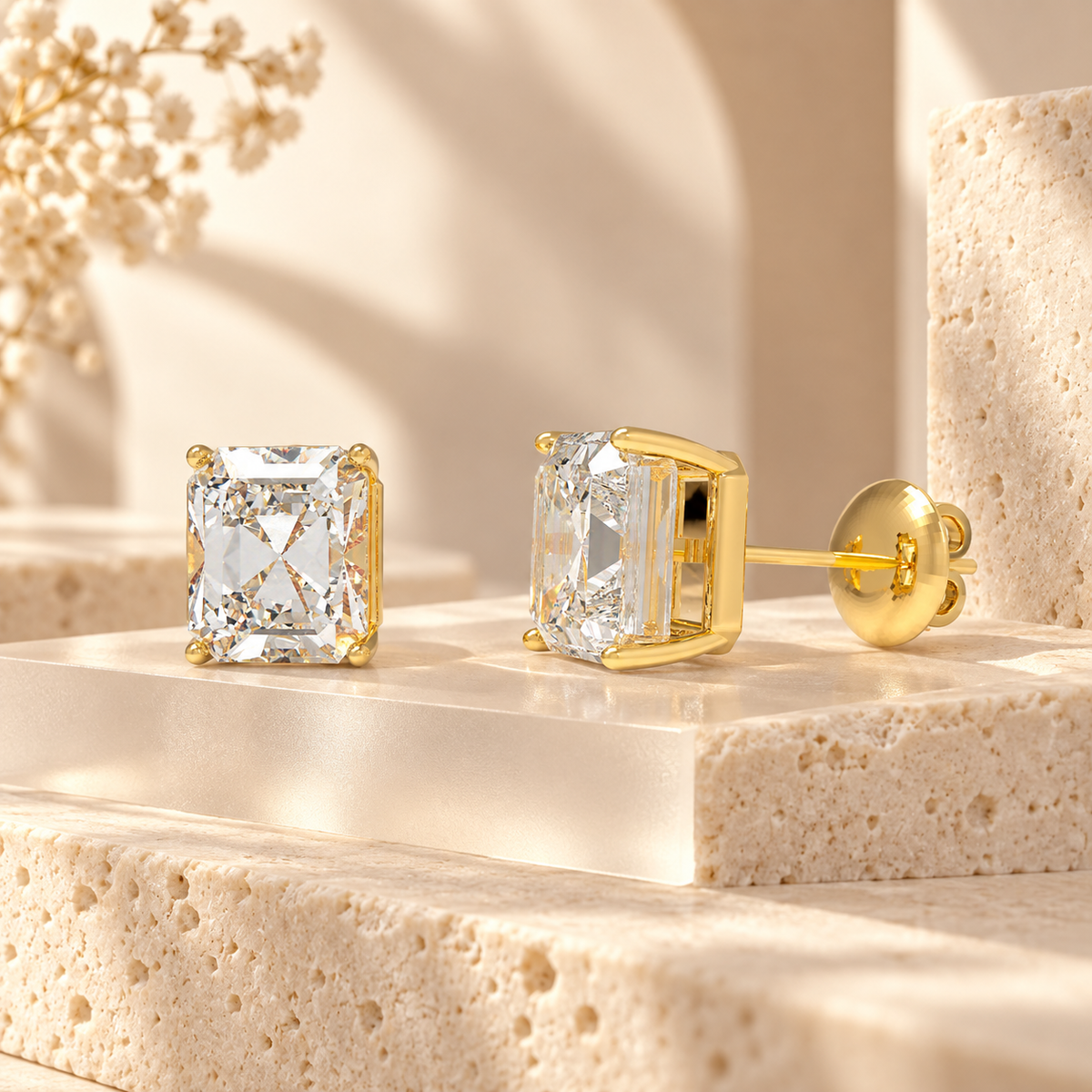 Golden Architectural Light Asscher-Cut Lab-Grown Diamond Stud Earrings