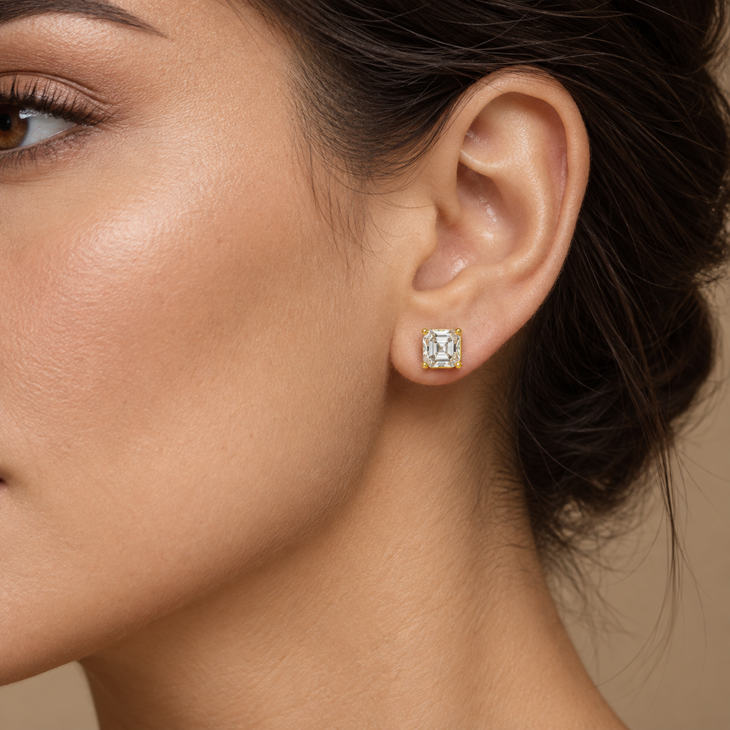 Golden Architectural Light Asscher-Cut Lab-Grown Diamond Stud Earrings