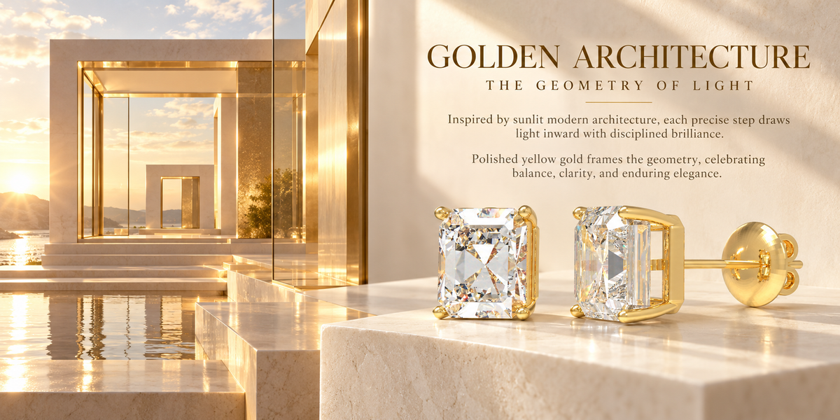 Golden Architectural Light Asscher-Cut Lab-Grown Diamond Stud Earrings
